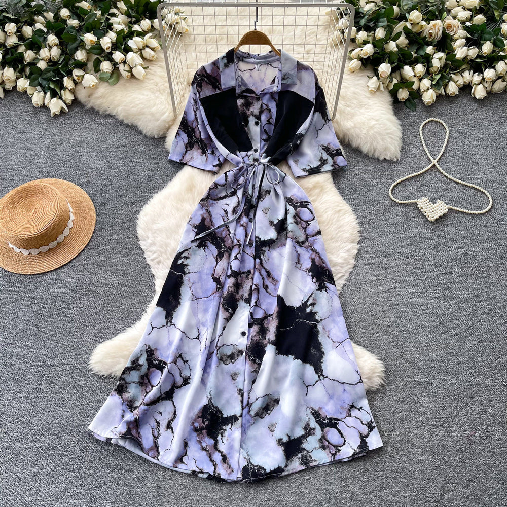 Frenchclassy sense of strap waist printingdress female k-style short-sleeved work clothingv neck a-line elegant long skirt