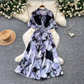 Frenchclassy sense of strap waist printingdress female k-style short-sleeved work clothingv neck a-line elegant long skirt