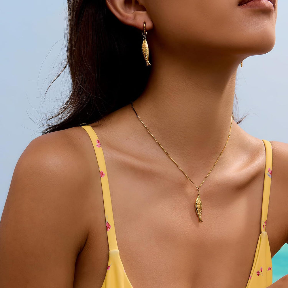 European and american stylish stainless steel beach fish 8k gold pendant necklace fish element titanium steel ocean wind earrings in stock