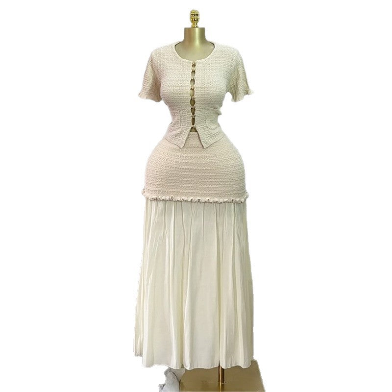European and american style women's  autumn new arrival: chanel-inspired round neck cropped jacket with high-waisted bodycon midi skirt two-piece set