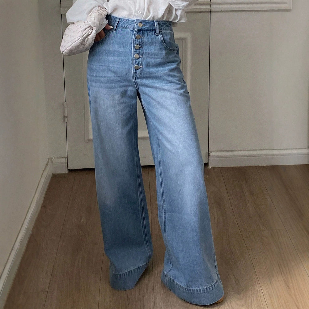 Fashionjeans women's multi-breasted high waist wide leg pants blue washed drapedloosemop denim pants