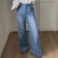 Fashionjeans women's multi-breasted high waist wide leg pants blue washed drapedloosemop denim pants