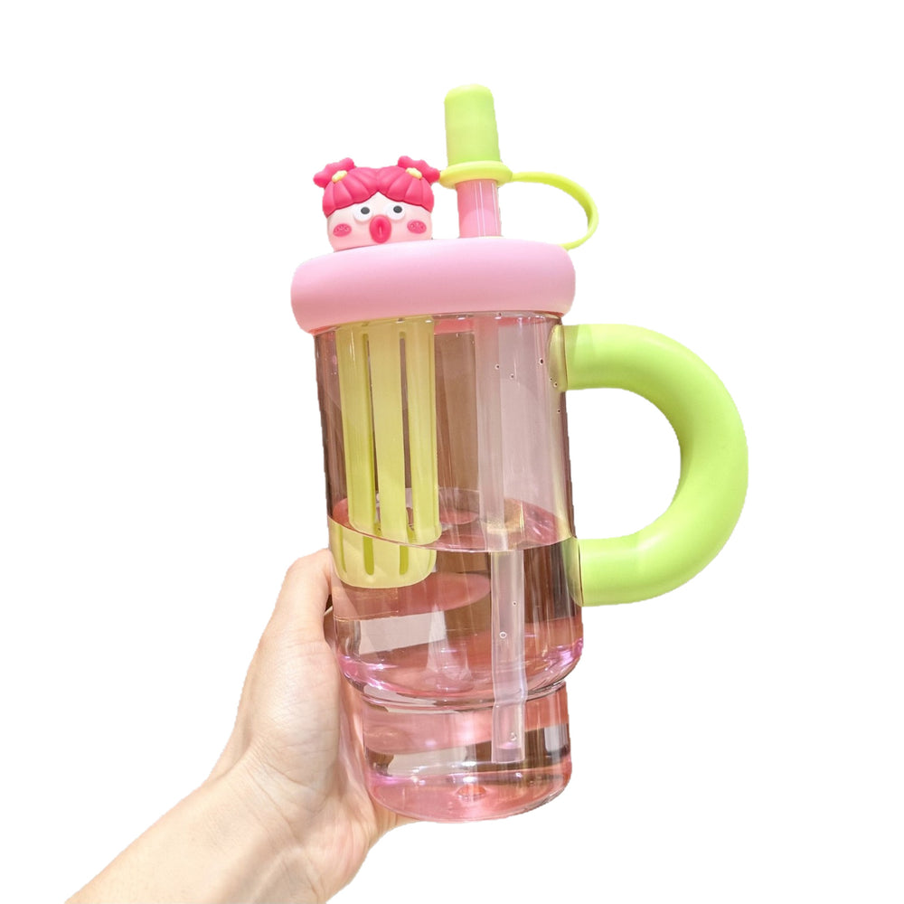 Summer high-looking tea warehouse plastic cup cartoon large capacity handle straw cup student outdoor portable ice straw