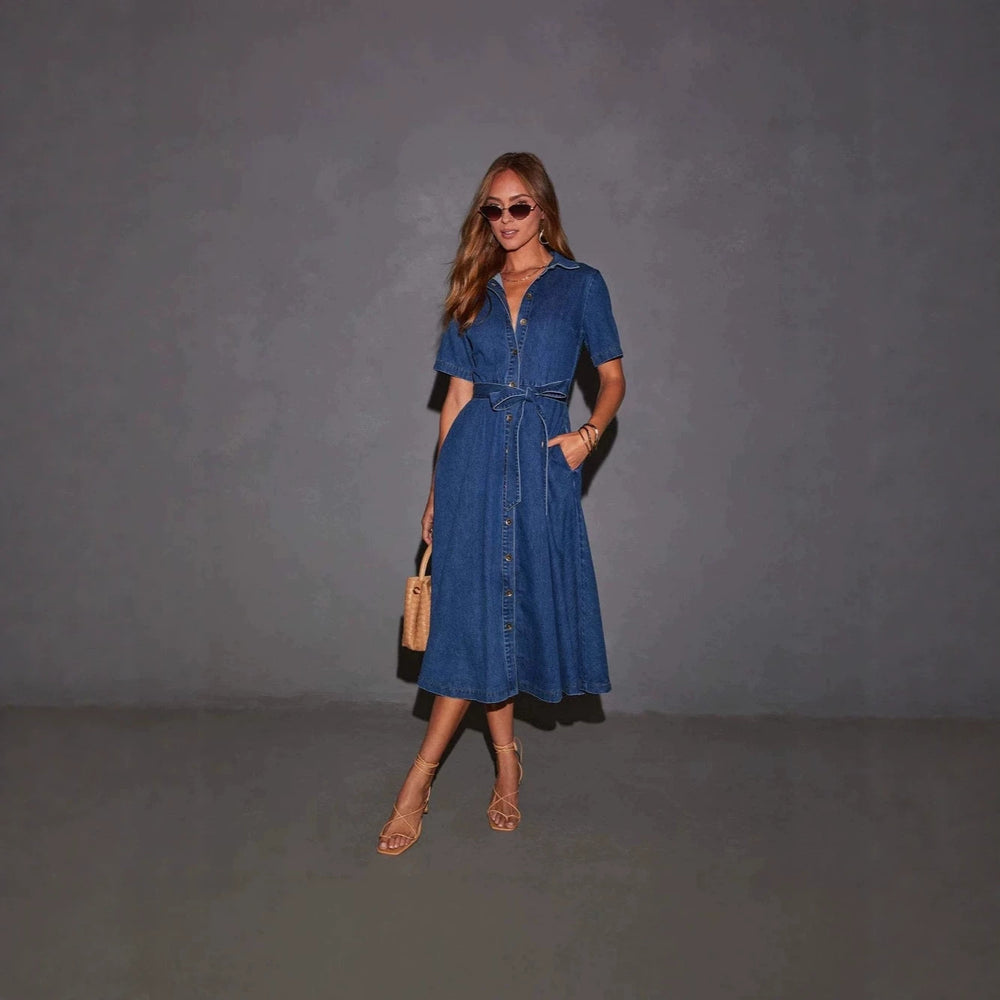 Amazon independent station cross-border women's casual casual short sleeve lapel denim a-line dresshigh waistslimming look