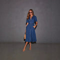Amazon independent station cross-border women's casual casual short sleeve lapel denim a-line dresshigh waistslimming look