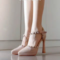 Nude waterproof platform rivets pointed toe thick heel high heels beautiful waterproof platform royal sister style easiest for match high heels