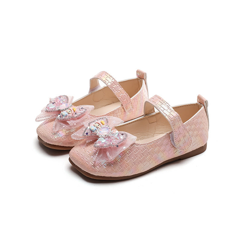 Preppy stylekidsflats square toe springnew arrivalk-style big bowsgirl princess shoes children's leather shoes