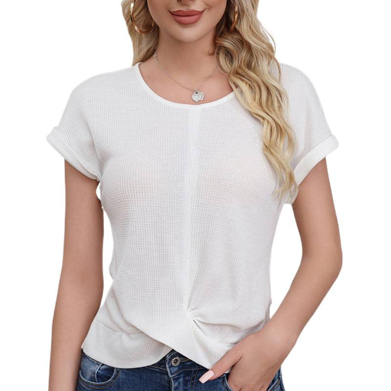 cross-border code new arrival  women's original waffle knotpure colorloose short sleeve t-shirt