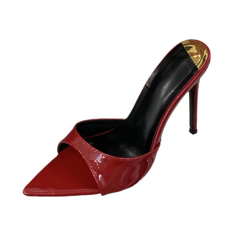European and american summer new pointed-toe stiletto heel patent leather slippers, versatile sexy red women's sandals, slimming design