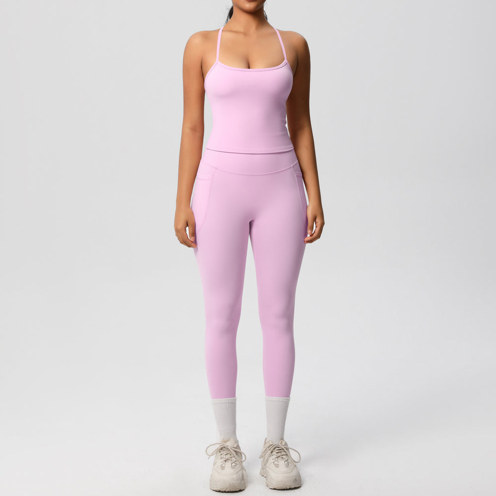New arrivalpure color sling beautiful back yoga clothes hip pocket tights sports suit cloud-like quick-drying fitness clothes for women