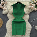 Sleeveless knit tank dress - women's summer lightweight v-neck pleated design, light luxury, slim fit, bodycon mini dress