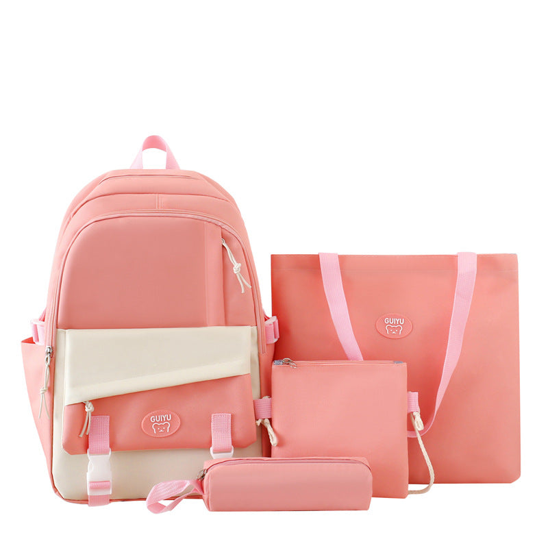 Simple four-piece schoolbag, female primary school backpack,  large-capacity junior high school backpack, high-value lightweight backpack