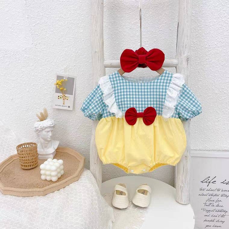 Ins21 summer korean style baby cute princess bow short sleeve romper bodysuit with headband