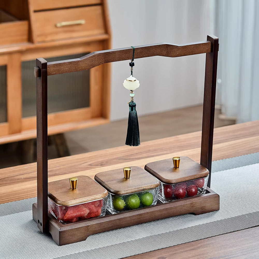 Chinoiserie walnut color dried fruit plate for home divided grids four-square grid lifting beam wedding new home glass bowl fruit plate fruit plate