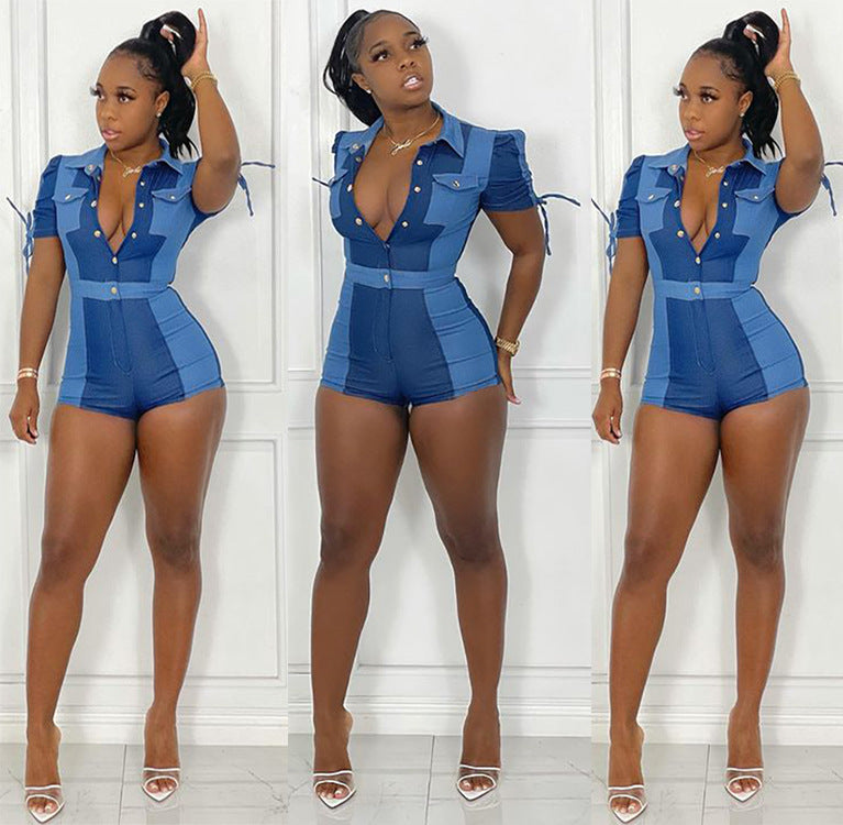 European and american cross-border women's clothing:  summer streetwear casual single-breasted two-tone patchwork short-sleeve denim-style jumpsuit