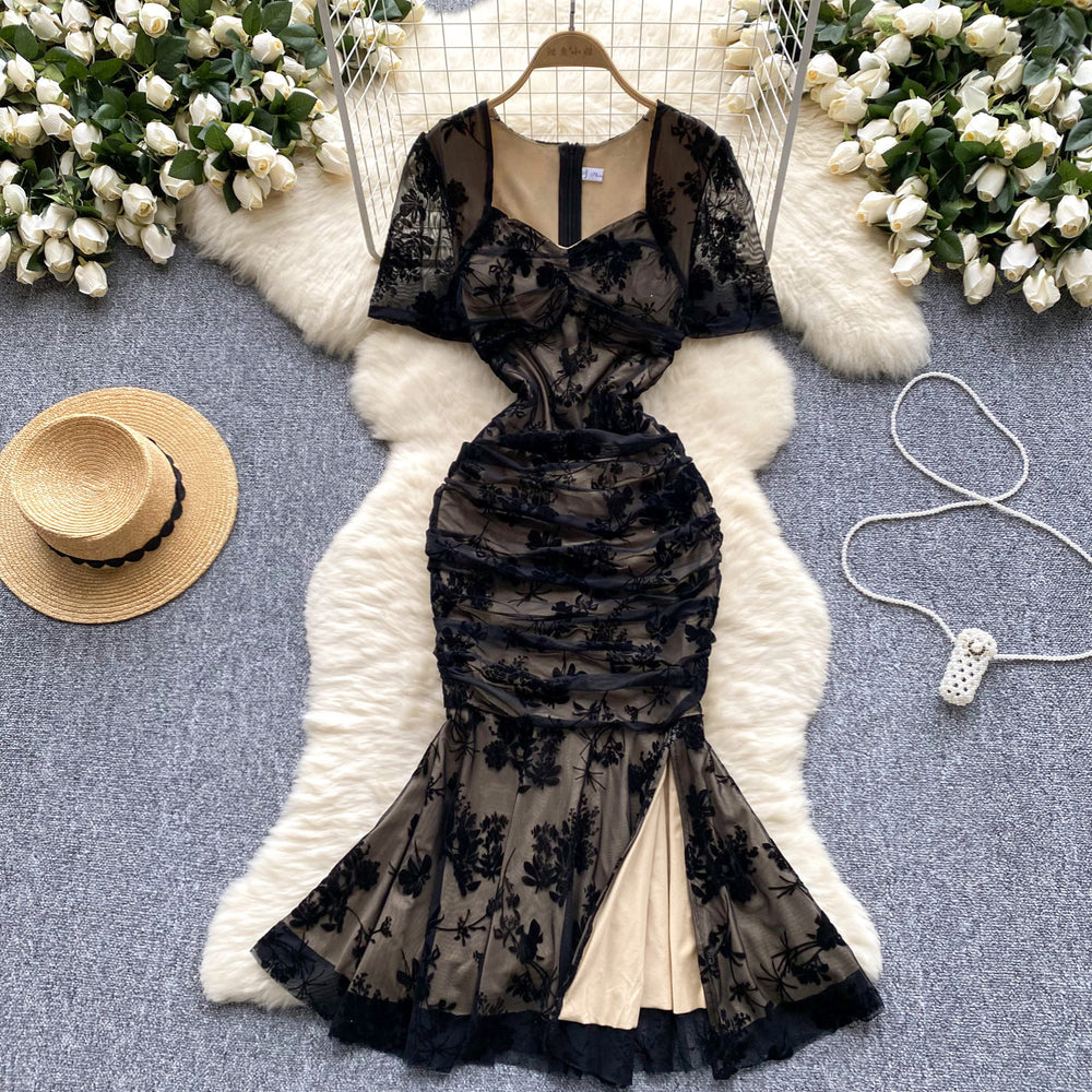 Evening gown women's high-end banquet party dress - slim fit, flocked print, pleated, slit, mermaid maxi dress