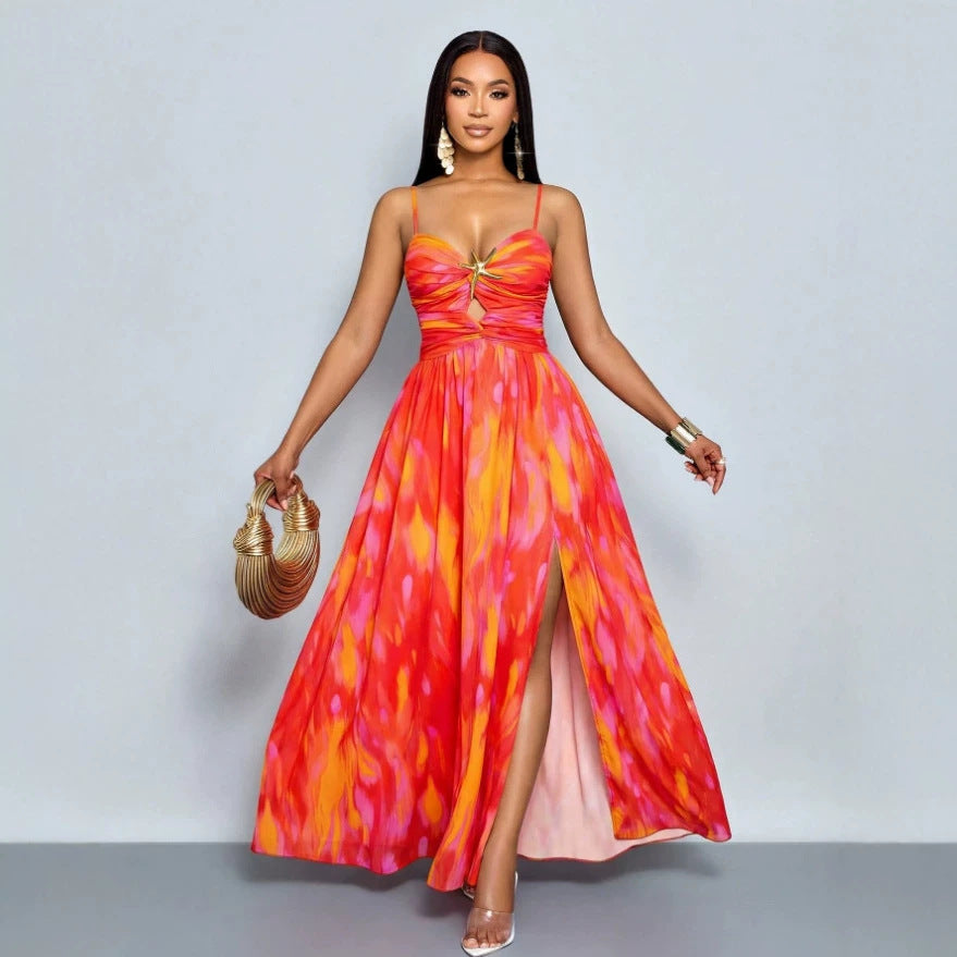 sexy tropical print cutout high slit backless vacation sundress with gold starfish embellishments