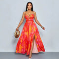 sexy tropical print cutout high slit backless vacation sundress with gold starfish embellishments