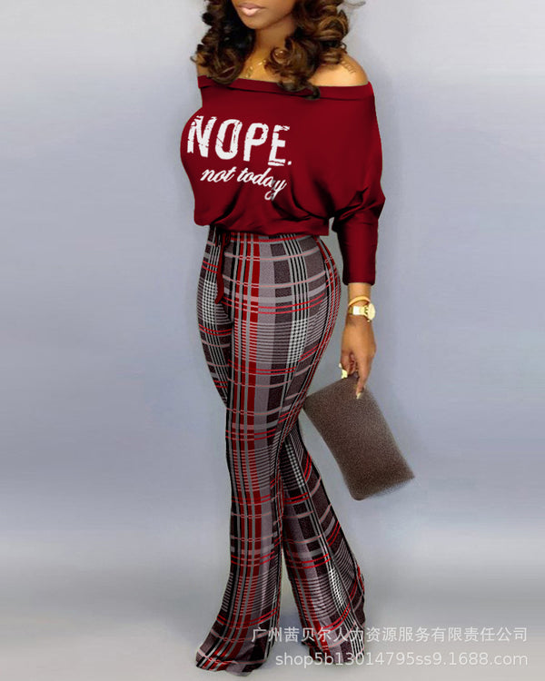 YH8388E European and American new solid color slanted shoulder top + plaid pants set