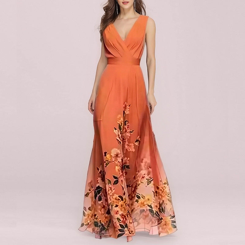 women's summer new arrivals:  cross-border fashion - elegant and chic printed v-neck bodycon maxi dress
