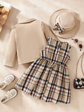 exclusive supply of elegance woolen outwear + plaid a-skirt + bow hat fall and wintergirlsuit three-piece set
