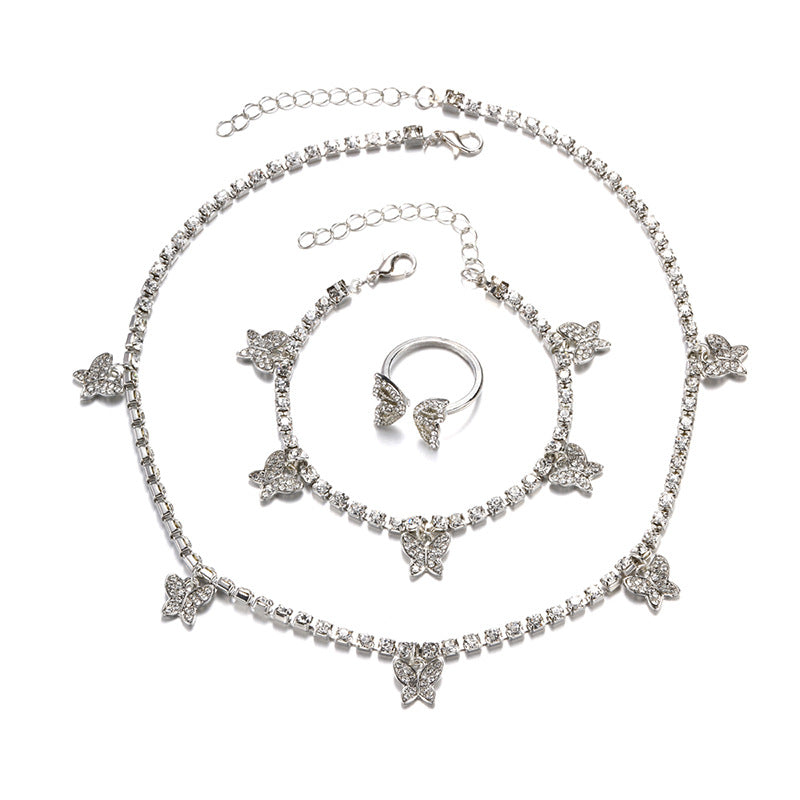 European and american cross-border e-commerce jewelry amazon hot-selling set: alloy butterfly pendant necklace, diamond-studded bracelet and ring for women
