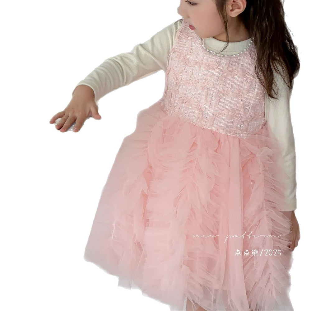 Girls' dress  autumn french princess style pink chanel-inspired mesh tutu vest dress two-piece trendy set
