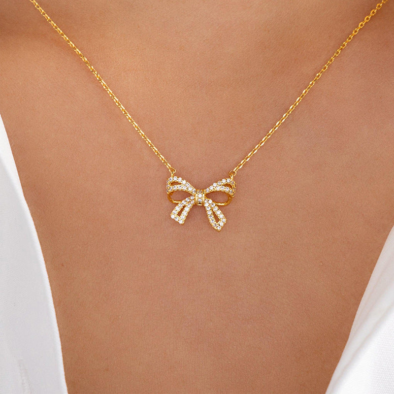 necklace wholesale new jewelry diamond-encrusted alloy pendant niche high-end accessible luxury bow necklace accessories