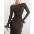 fashionautumelegancesilm round neck bell sleeves fishtail skirt ruffleslongdress