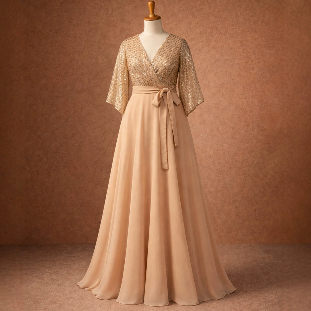 Elegant women's long dress - sequin-embellished v-neck chiffon patchwork pleated dress