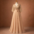 Elegant women's long dress - sequin-embellished v-neck chiffon patchwork pleated dress