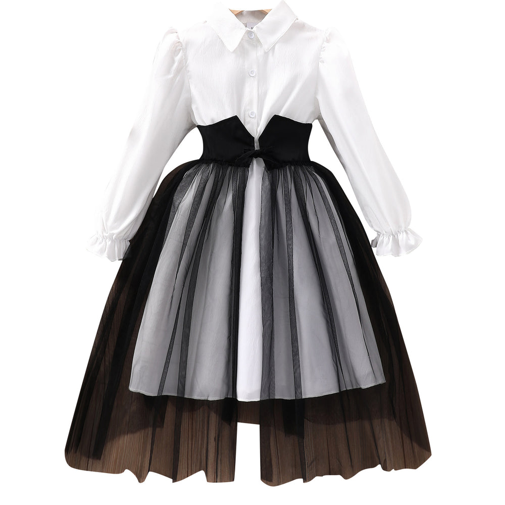new arrival female youthlong sleeves lapel girdle mesh patchwork dress