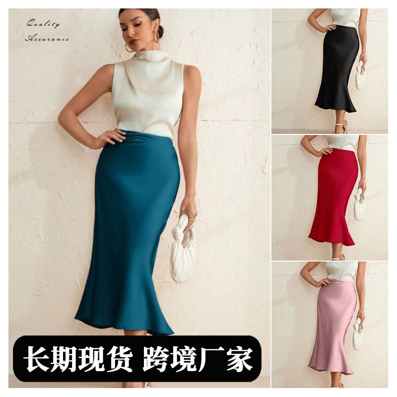 spring new european and american style satin bodycon midi skirt - solid color satin fitted mermaid skirt