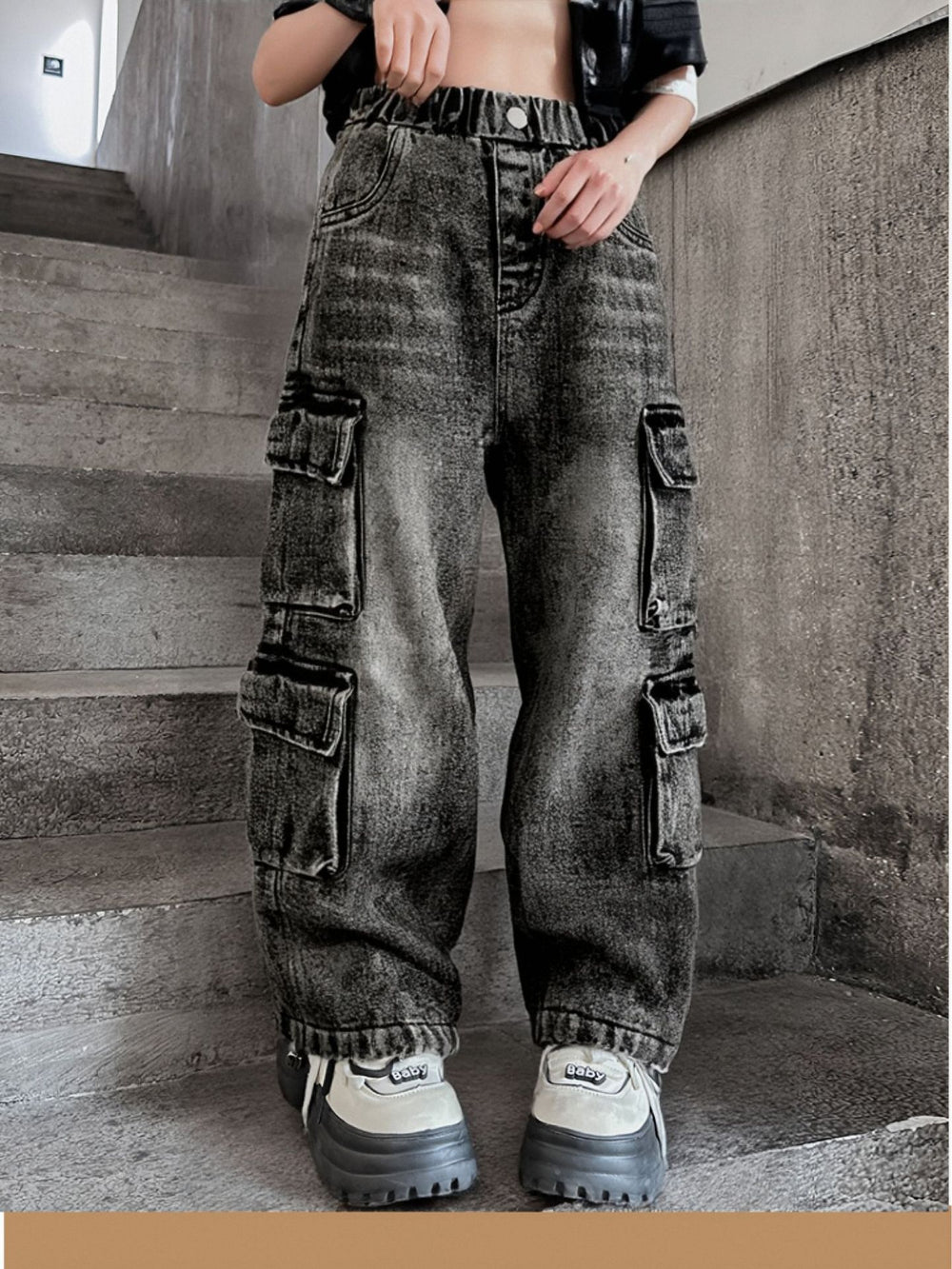 Export kids pants distressed jeans k-style multi-flap pocket pantsloose cool girlstraight-legretroloose pants
