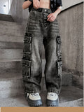 Export kids pants distressed jeans k-style multi-flap pocket pantsloose cool girlstraight-legretroloose pants