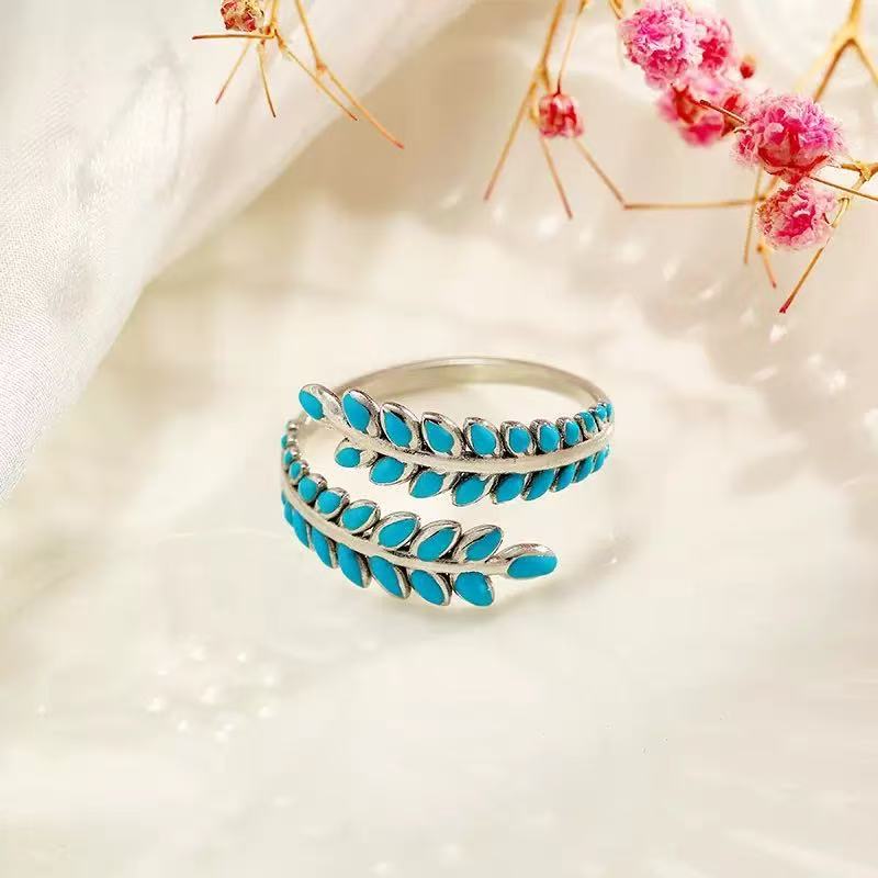 popular stainless steel leaf ring niche design popular versatile colorful oil dripping ring for women wholesale