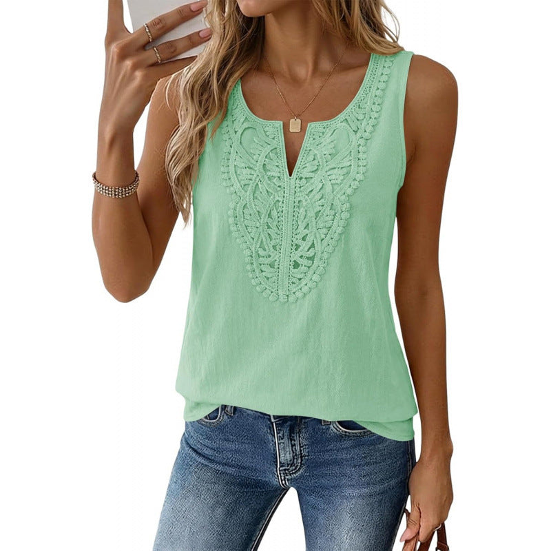 Amazon sleeveless v-neck linen shirt -  summer new arrival - lace bohemian style vacation tank top