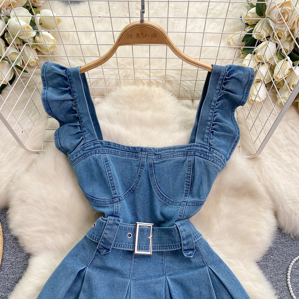 Korean style women's age-reducing preppy sweet flutter sleeve cami dress - vintage denim a-line mini skirt - trendy