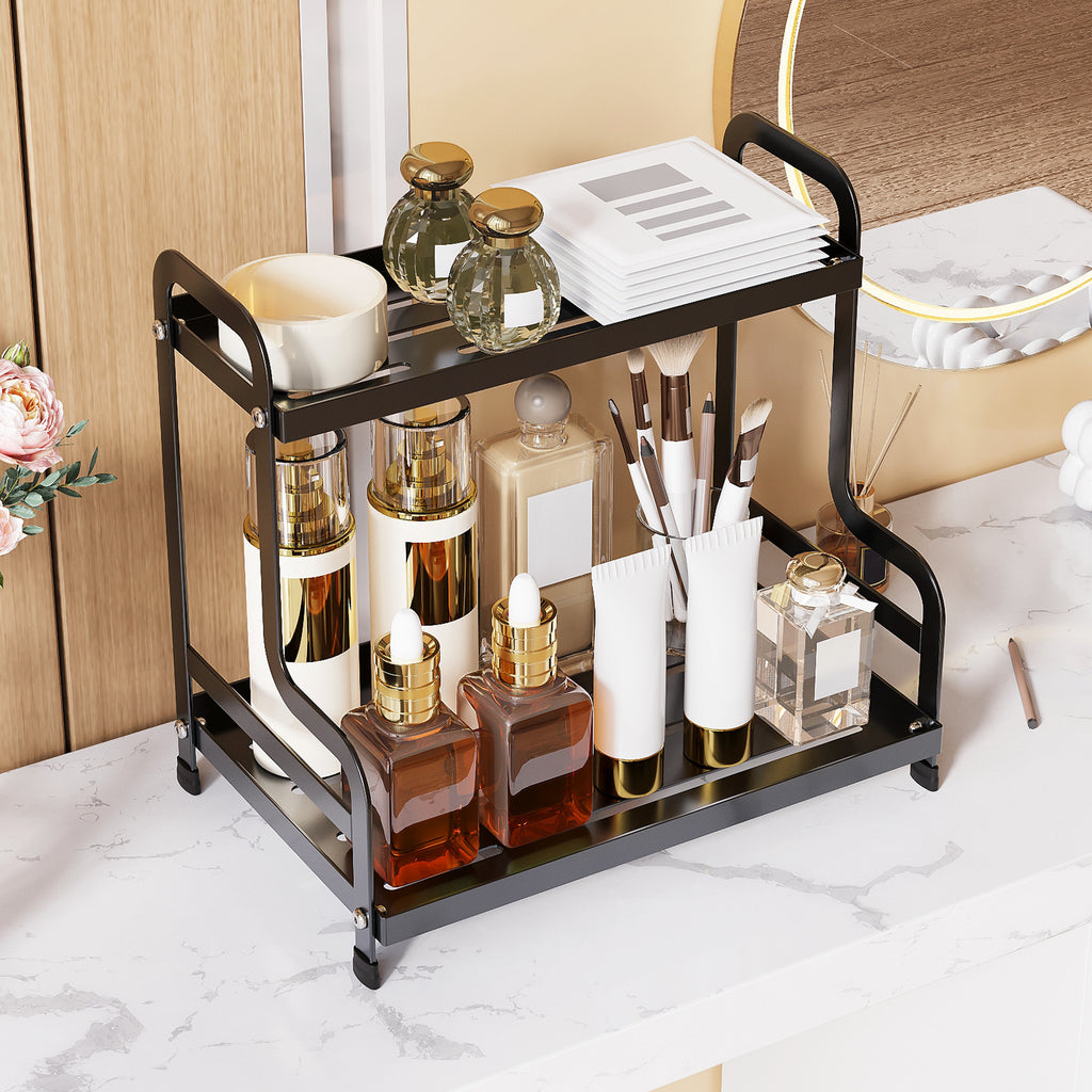 Double-layer cosmetics rack, skin care products, perfume storage box, bathroom finishing shelf, bathroom countertop, vanity rack.