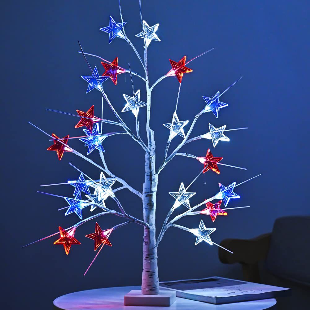 Independence Day Tree Light 24led Battery Box Birch Decorative Light Red White Blue Flag Star Light Branch Light