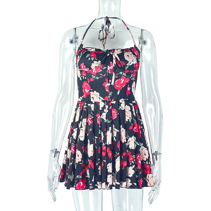 Fashion style insexport fresh printing women's pleated waist a-line skirt halter one-line collar chest-wrapped short dress