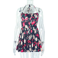 Fashion style insexport fresh printing women's pleated waist a-line skirt halter one-line collar chest-wrapped short dress