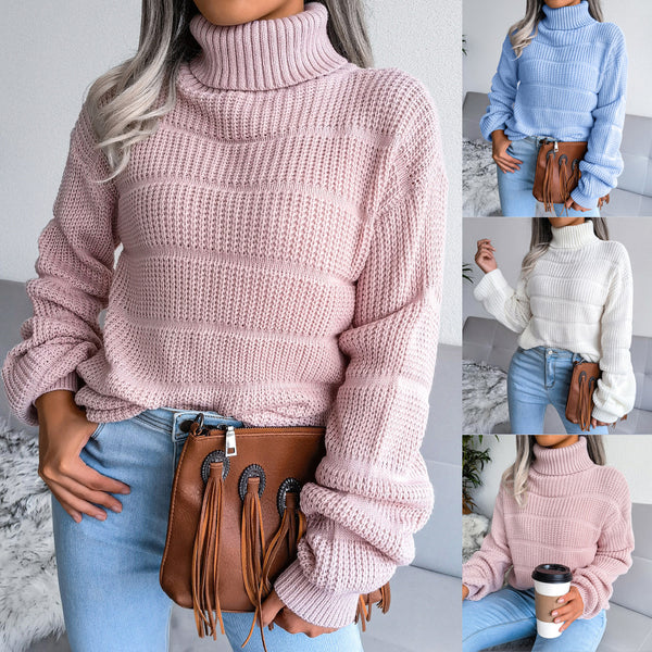 Internet celebrity explosion, European and American autumn and winter turtleneck long-sleeved hollowed-out casual bottom knitted sweater,   women's clothing
