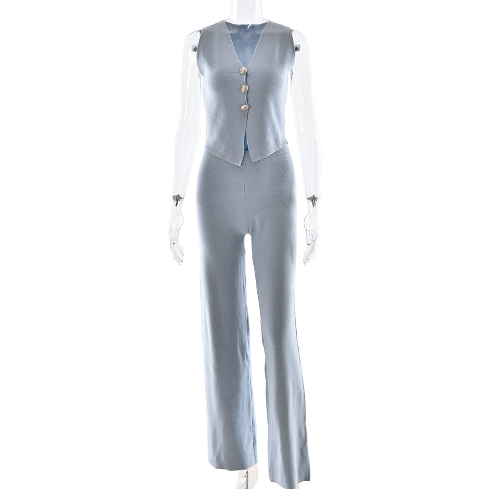 European and American  new hot-selling women's knitted suit, sexy sleeveless cardigan sweater, straight high-waisted trousers suit