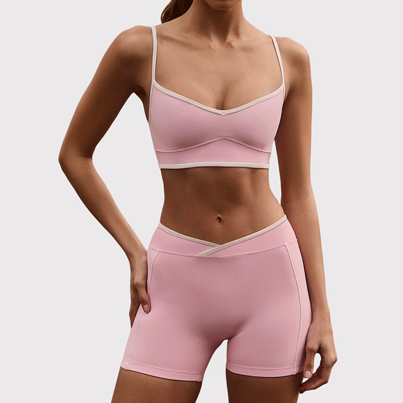 High-waisted, figure-hugging, color-blocked, cross-border camisole, shockproof, push-up, high-waisted, butt-lifting running and fitness shorts yoga set for women