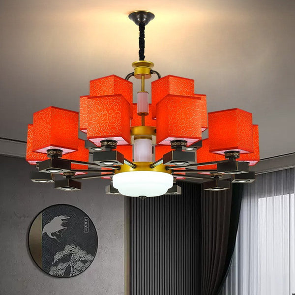 New Chinese lantern restaurant chandelier with spotlight hot pot restaurant restaurant restaurant Chinese style retro fabric living room lamps
