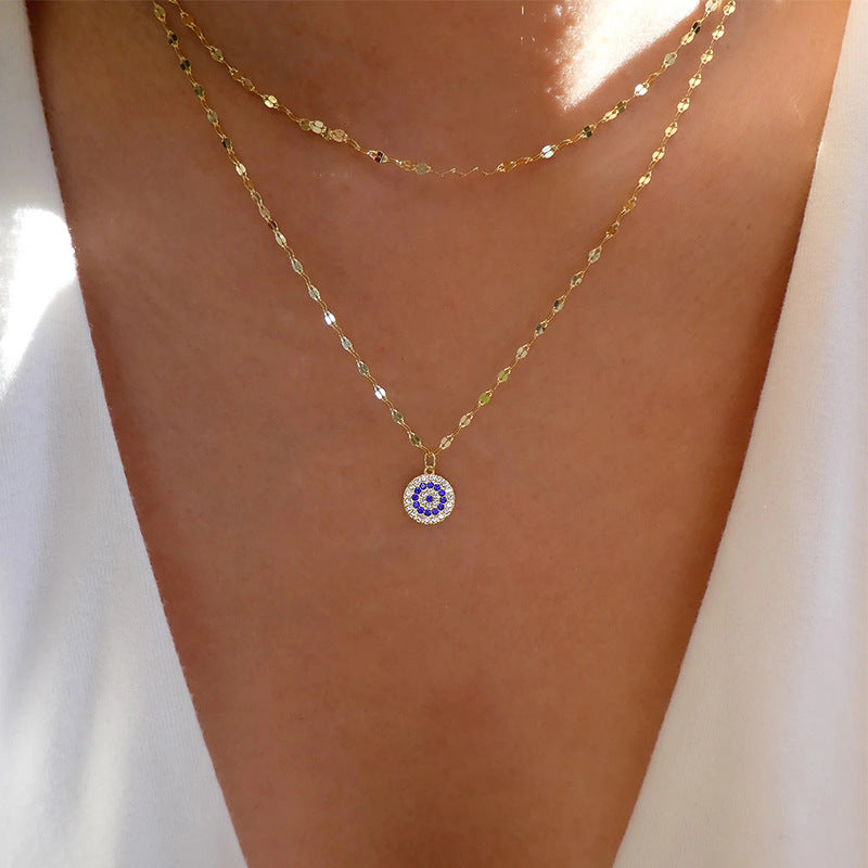 Crystal devil's eye necklace wholesale cross-border gold plated pendant women's stylish double layer classy rose gold sweater chain