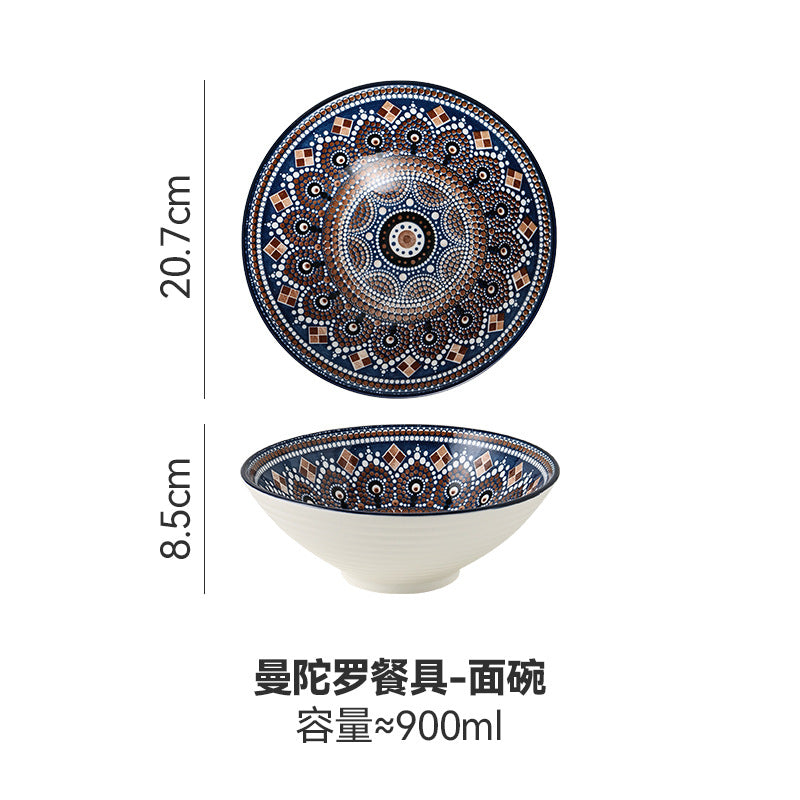 Creative bohemian style bowl and plate set - underglaze color home ceramic tableware - exotic double-handled plate