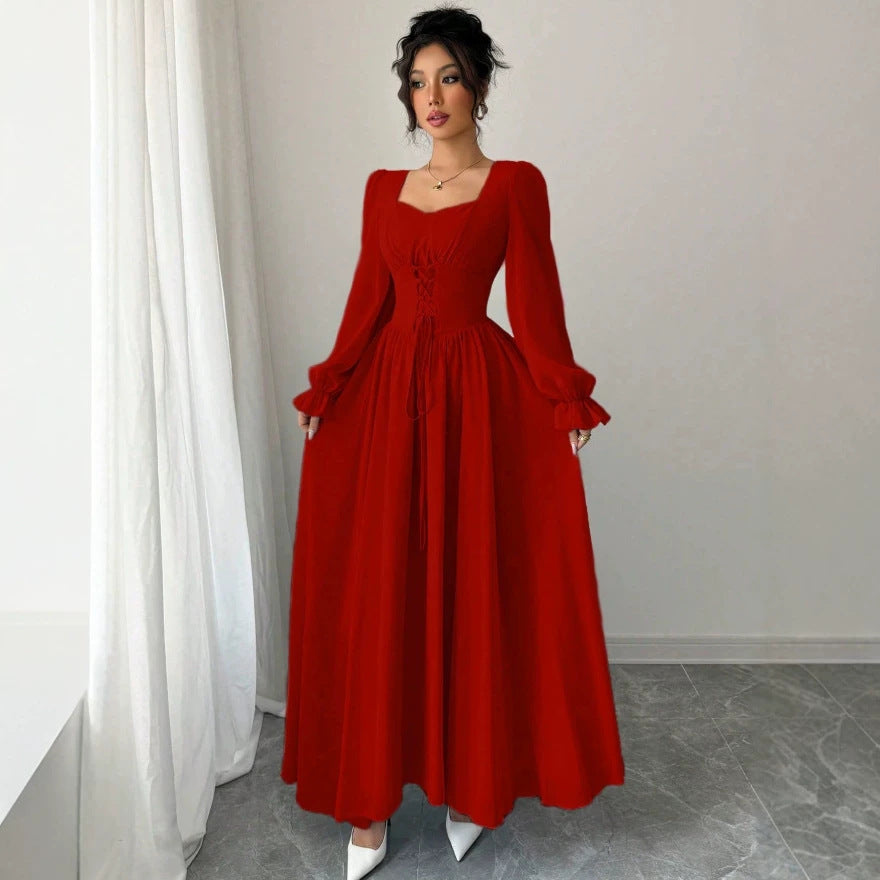 European and american cross-border  new arrival: red square neck bubble sleeve maxi dress with criss-cross tie waist