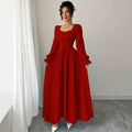 European and american cross-border  new arrival: red square neck bubble sleeve maxi dress with criss-cross tie waist